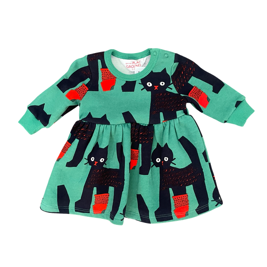 Green w cat Gorman Playground Dress, 0-3M
